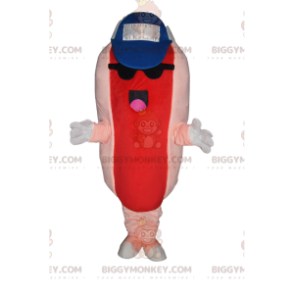 Hot dog BIGGYMONKEY™ maskottiasu, jossa lippis ja aurinkolasit