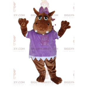 Brown Hippopotamus BIGGYMONKEY™ Mascot Costume, with Purple