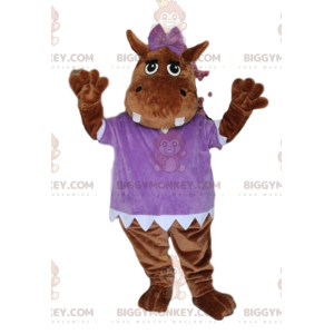 Traje de mascote marrom hipopótamo BIGGYMONKEY™, com blusa roxa