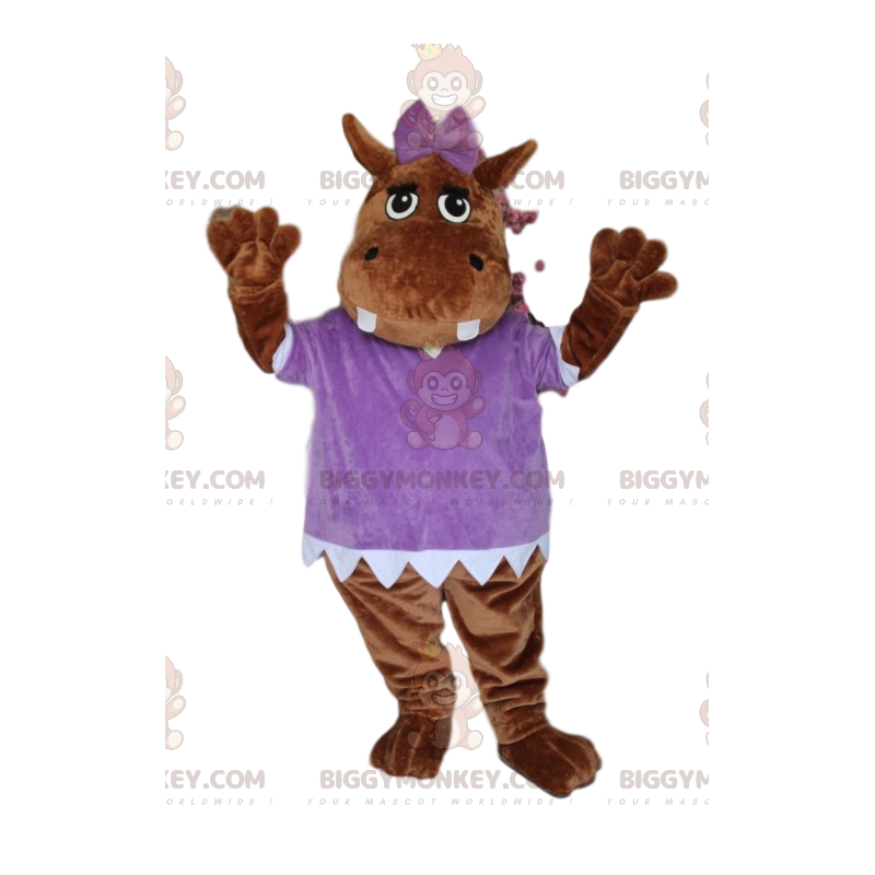 Brown Hippopotamus BIGGYMONKEY™ Mascot Costume, with Purple