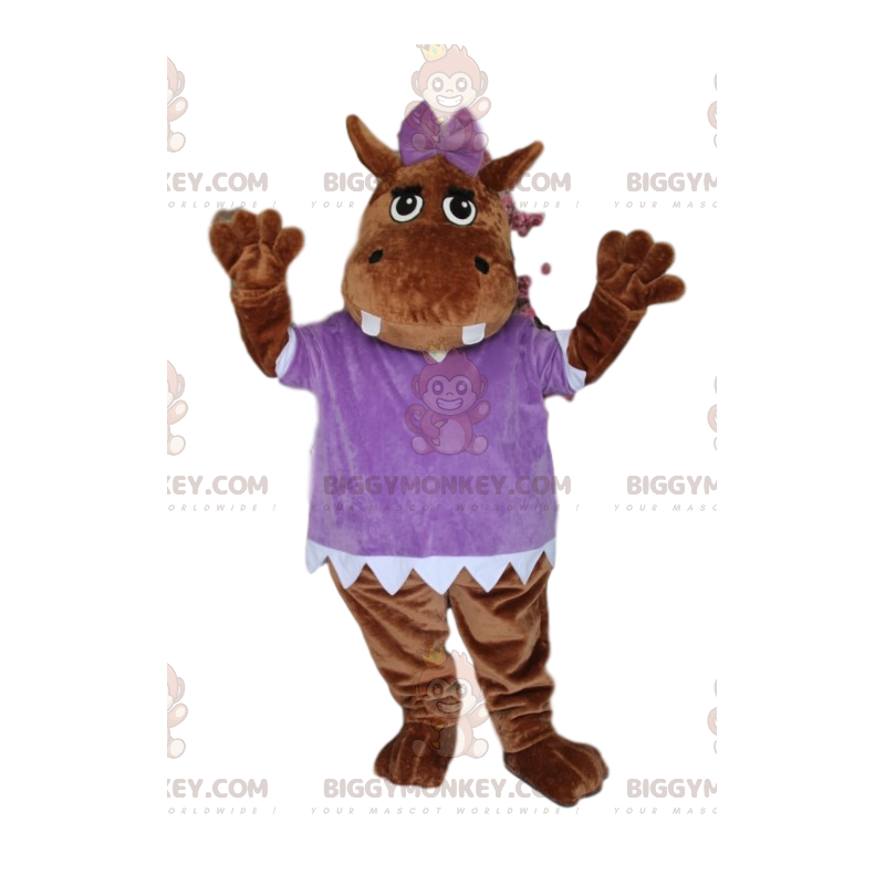 Brązowy kostium maskotki hipopotama BIGGYMONKEY™ z fioletową