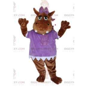 Bruin nijlpaard BIGGYMONKEY™ mascottekostuum, met paarse blouse