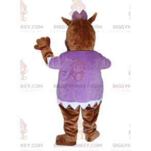 Traje de mascote marrom hipopótamo BIGGYMONKEY™, com blusa roxa