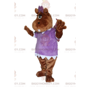 Brown Hippopotamus BIGGYMONKEY™ Mascot Costume, with Purple