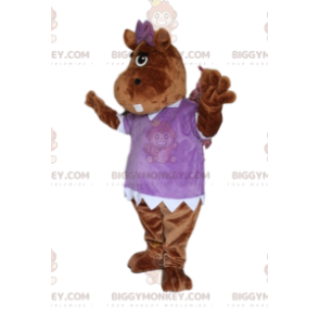 Bruin nijlpaard BIGGYMONKEY™ mascottekostuum, met paarse blouse