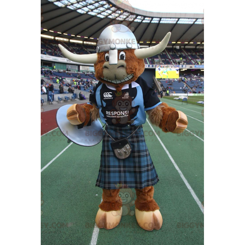 BIGGYMONKEY™ Brown Bull Cow Maskotdräkt med kilt och