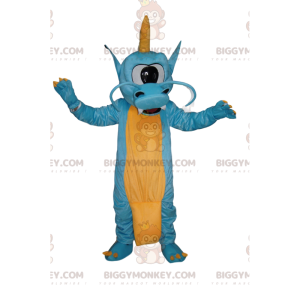 BIGGYMONKEY™ Costume da mascotte Drago blu e giallo con un