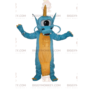 Traje de mascote BIGGYMONKEY™ Dragão azul e amarelo com um olho
