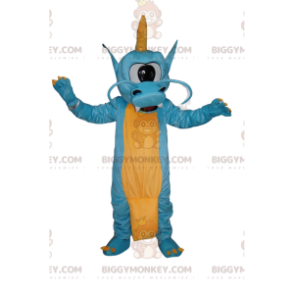 BIGGYMONKEY™ Costume da mascotte Drago blu e giallo con un