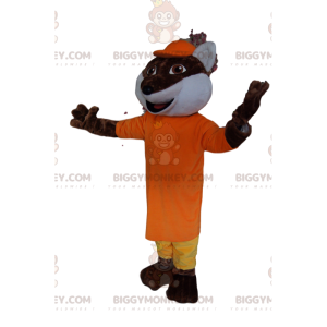 Brown Fox BIGGYMONKEY™ maskottiasu keltaisella ja oranssilla