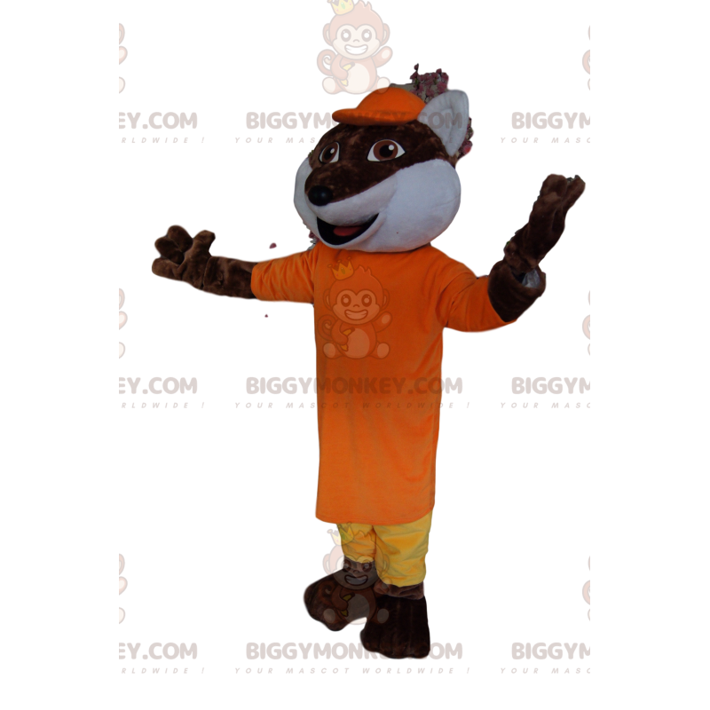 Brown Fox BIGGYMONKEY™ Mascot Costume with Yellow and Orange