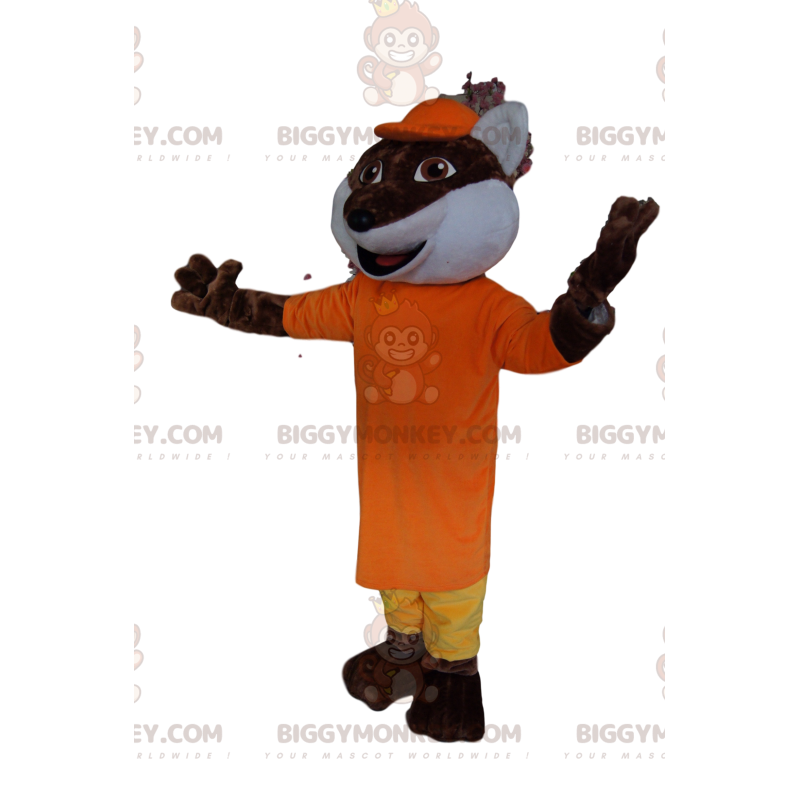 Brown Fox BIGGYMONKEY™ maskotkostume med gult og orange outfit