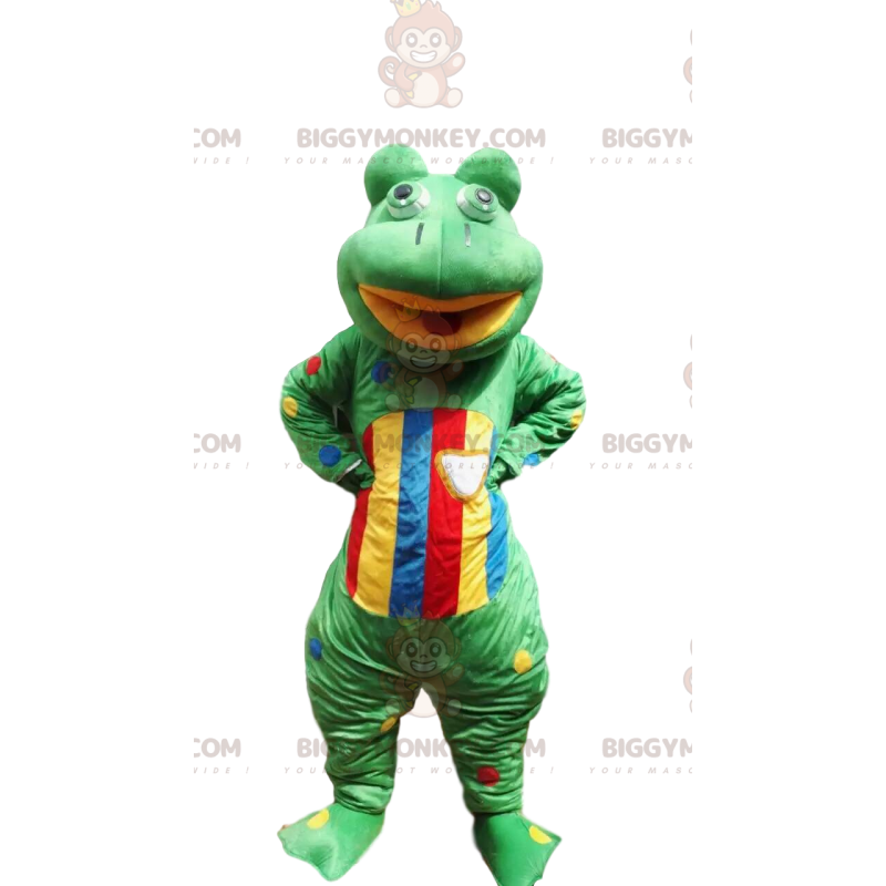 Traje de mascote de sapo verde e multicolorido BIGGYMONKEY™ –