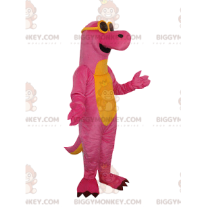 Rosa och gul dinosaurie BIGGYMONKEY™ maskotdräkt med