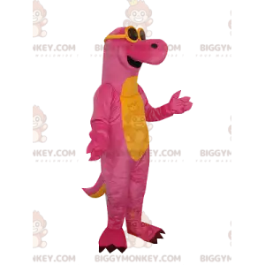 Traje de mascote de dinossauro rosa e amarelo BIGGYMONKEY™ com