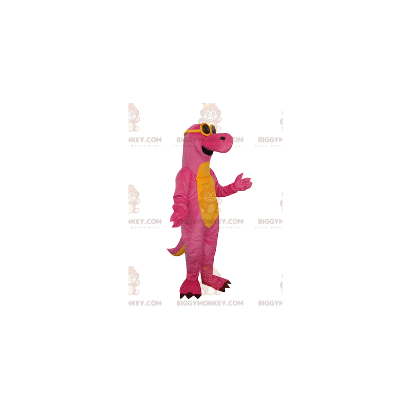 Roze en gele dinosaurus BIGGYMONKEY™ mascottekostuum met