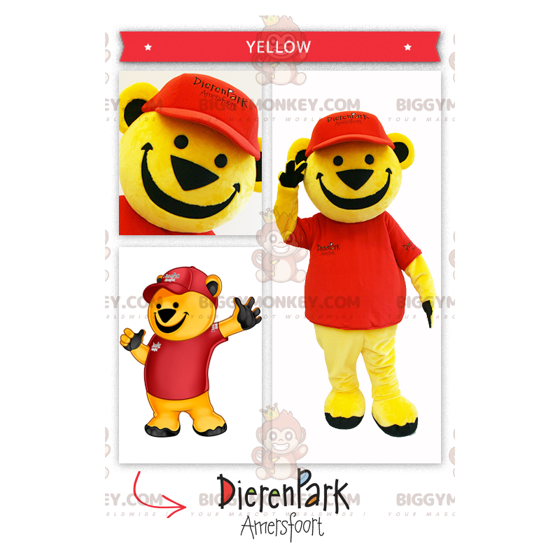 BIGGYMONKEY™ Big Yellow Bear Mascot Costume Wearing Red –