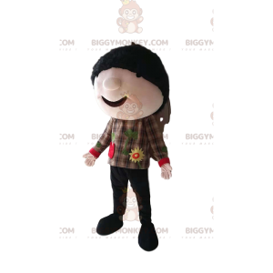 Little Brown Boy BIGGYMONKEY™ Mascot Costume With Plaid Shirt –