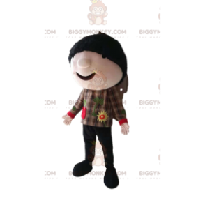 Little Brown Boy BIGGYMONKEY™ Mascot Costume With Plaid Shirt -