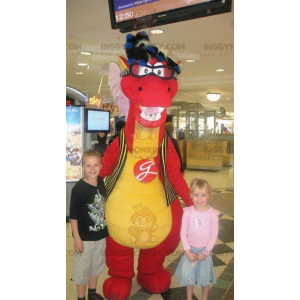 Costume da mascotte BIGGYMONKEY™ dinosauro rosso e giallo con