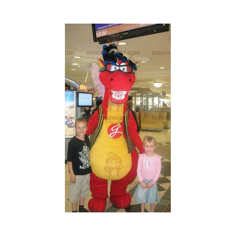 Costume de mascotte BIGGYMONKEY™ de dinosaure rouge et jaune