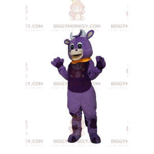 BIGGYMONKEY™ maskottiasu, violetti lehmä, keltainen Peter Pan