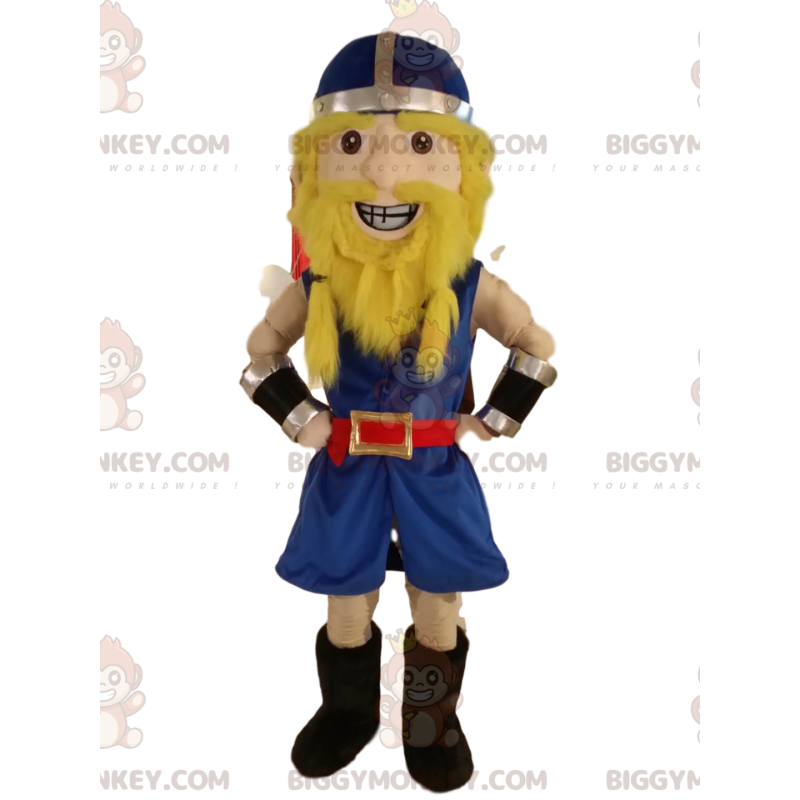 Happy Viking Warrior BIGGYMONKEY™ maskotdräkt, med blå hjälm -