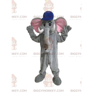 Traje de mascote BIGGYMONKEY™ Elefante cinza com gorro azul –