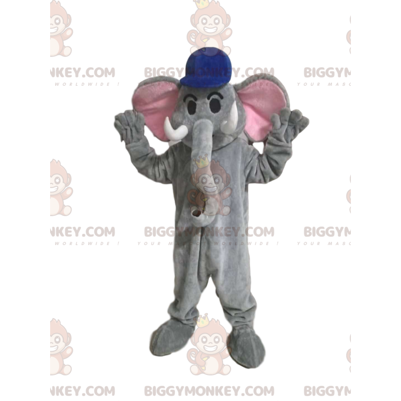 BIGGYMONKEY™ Μασκότ Κοστούμι Γκρι Ελέφαντας με Μπλε Καπάκι -