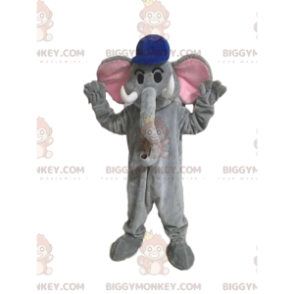 Traje de mascote BIGGYMONKEY™ Elefante cinza com gorro azul –
