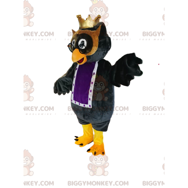 Kostým maskota BIGGYMONKEY™ černých sov s malou zlatou korunou