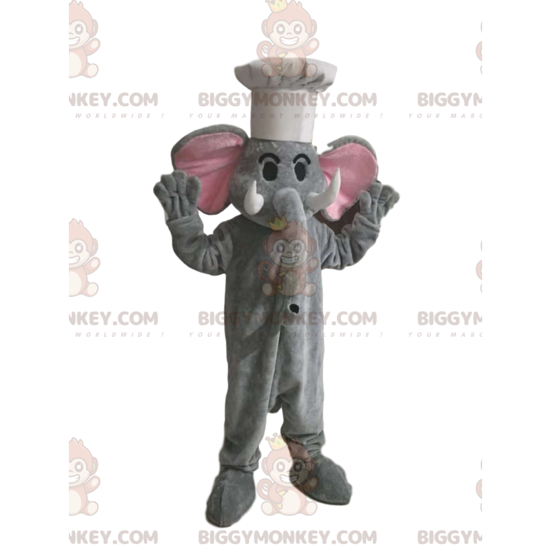 BIGGYMONKEY™ maskottiasu, harmaa norsu, jossa valkoinen toque -
