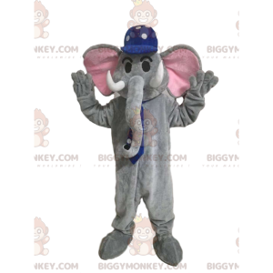 Kostým maskota BIGGYMONKEY™ šedého slona s modrou čepicí s