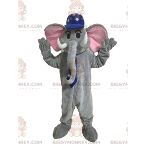 Traje de mascote BIGGYMONKEY™ de elefante cinza com gorro azul