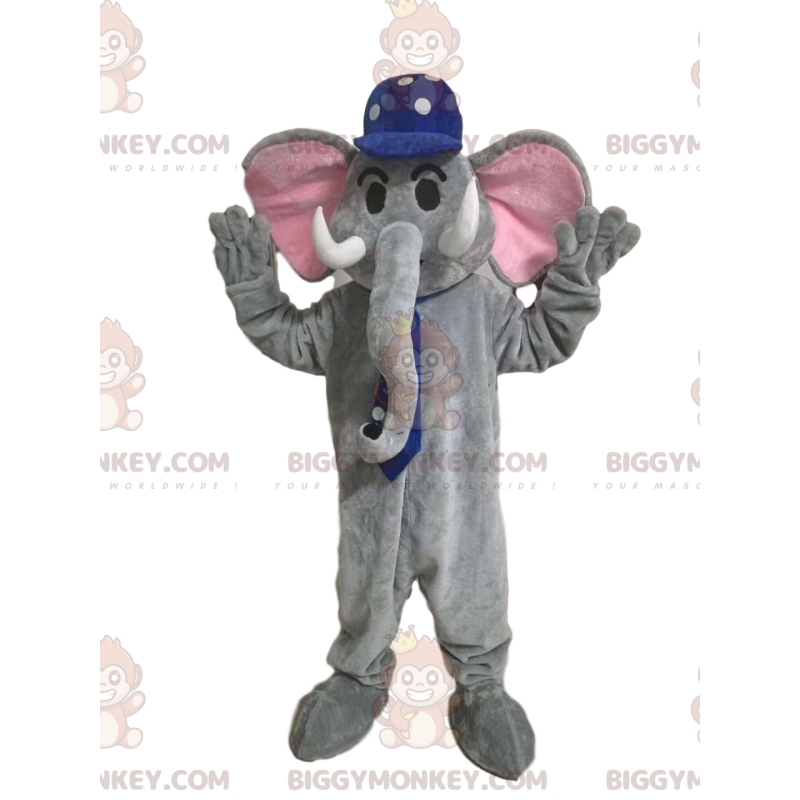Kostým maskota BIGGYMONKEY™ šedého slona s modrou čepicí s