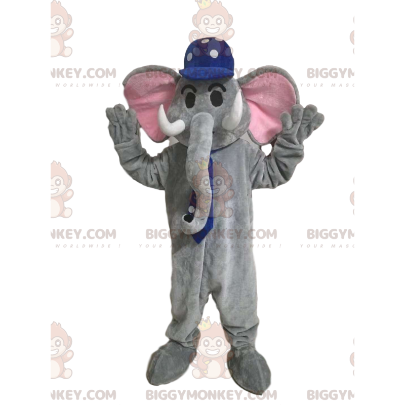 Traje de mascote BIGGYMONKEY™ de elefante cinza com gorro azul