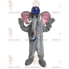 BIGGYMONKEY™ maskotdräkt av grå elefant med blå mössa med vita