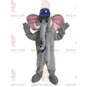 Traje de mascote BIGGYMONKEY™ de elefante cinza com gorro azul