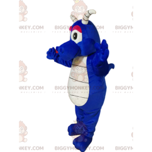 BIGGYMONKEY™ maskotkostume Cool blå drage med hvide horn -