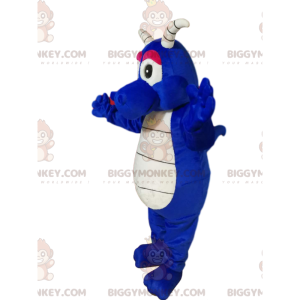 Kostým maskota BIGGYMONKEY™ Cool Blue Dragon s bílými rohy –