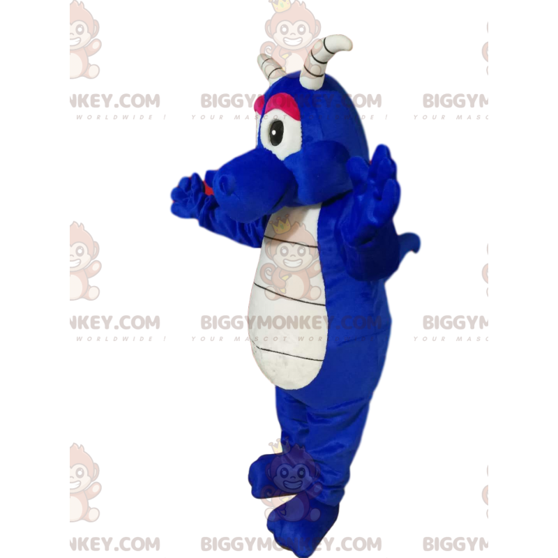 Kostým maskota BIGGYMONKEY™ Cool Blue Dragon s bílými rohy –