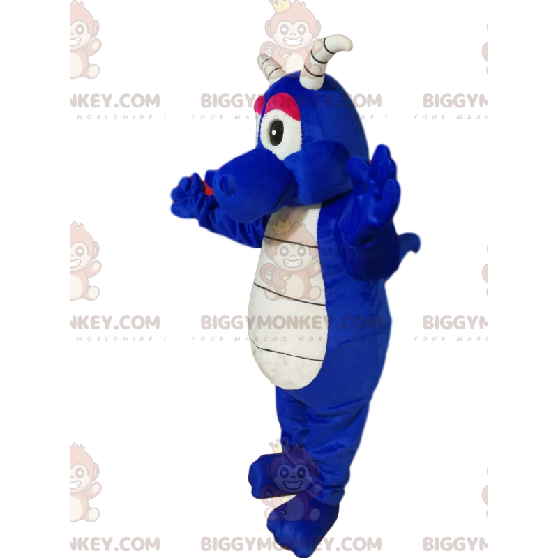 Traje de mascote BIGGYMONKEY™ Cool Blue Dragon com chifres