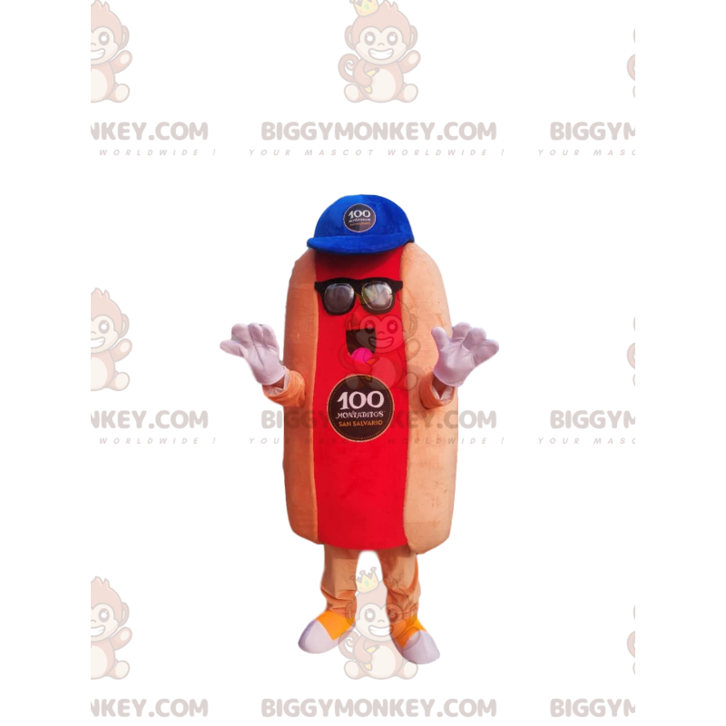 Hot dog BIGGYMONKEY™ mascot costume with blue cap –