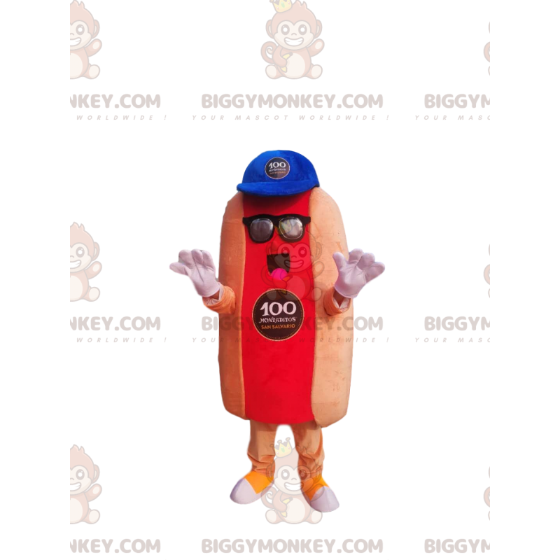 Hot dog BIGGYMONKEY™ maskottiasu, jossa sininen lippalakki -
