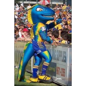 Traje de mascote de dinossauro azul amarelo e verde