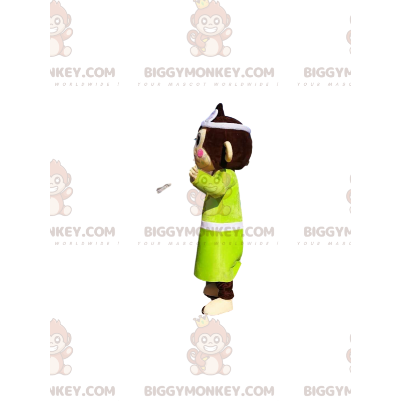 Ruskea apina BIGGYMONKEY™ maskottiasu, jossa neonkeltainen