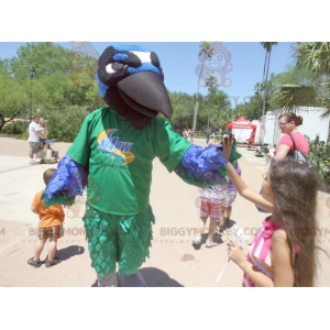 BIGGYMONKEY™ Costume mascotte uccello corvo verde blu bianco e