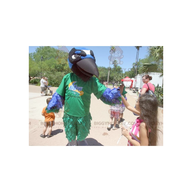 Traje de mascote de pássaro corvo BIGGYMONKEY™ verde azul