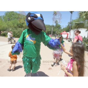 Traje de mascote de pássaro corvo BIGGYMONKEY™ verde azul