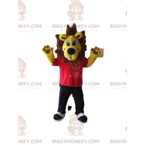 BIGGYMONKEY™ Gelbes Löwen-Maskottchen-Kostüm mit rotem T-Shirt